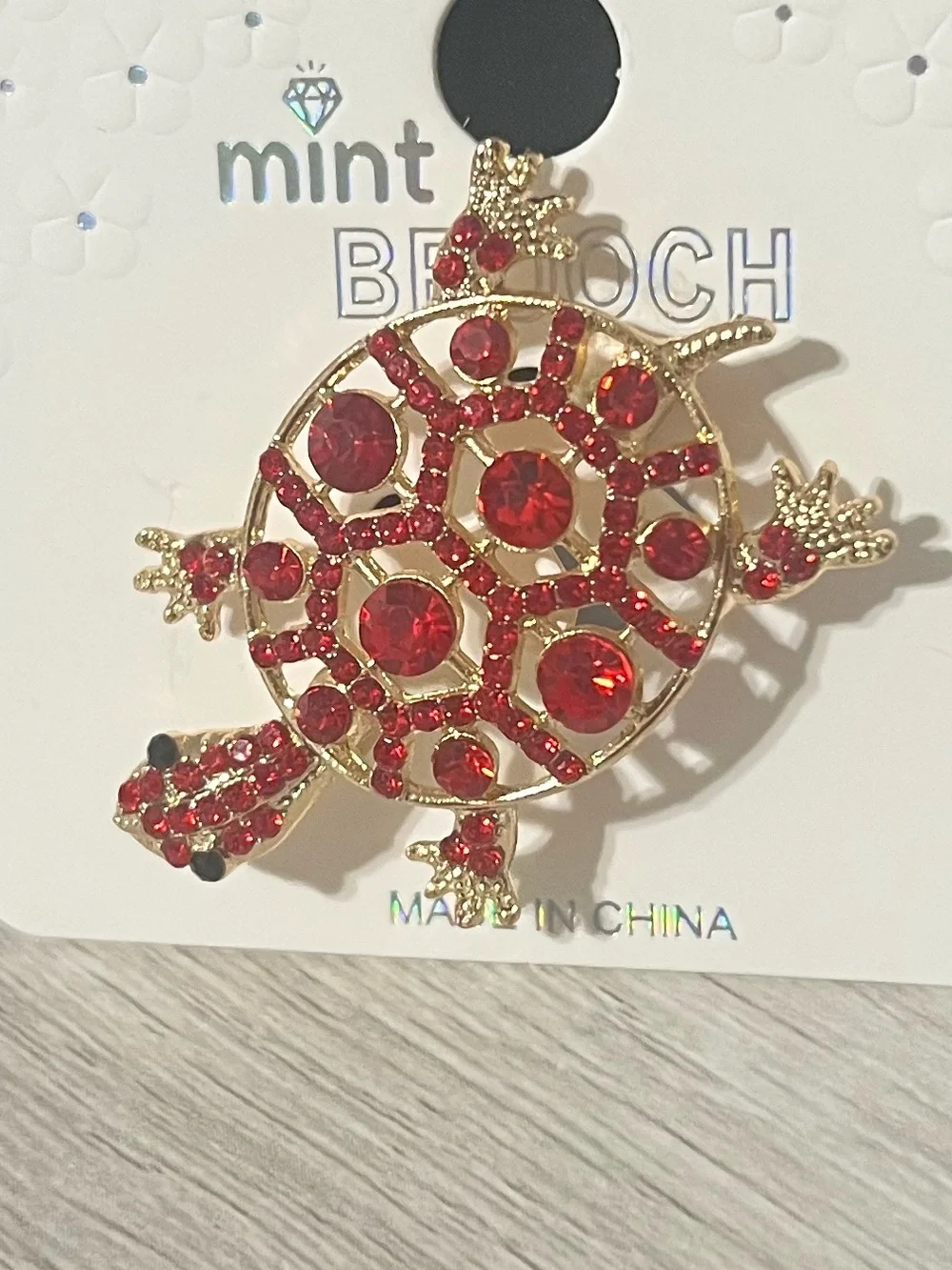 Mint Gold-Tone Turtle Brooch with Red Rhinestones